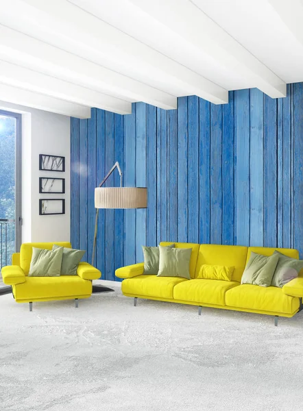 Beyaz yatak odası en az stil iç tasarım ahşap duvar ve gri Kanepeli. 3D render. 3D çizim