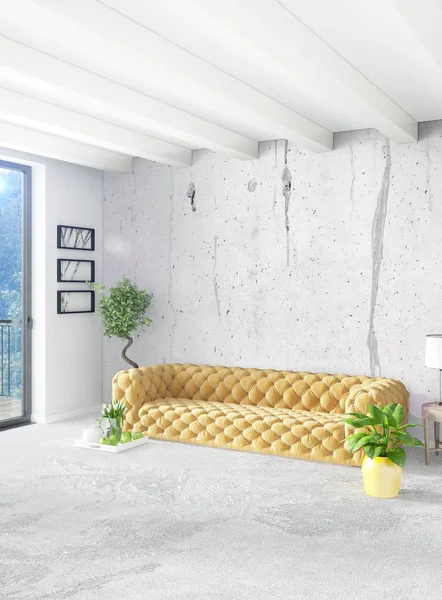 Beyaz yatak odası en az stil iç tasarım ahşap duvar ve gri Kanepeli. 3D render. 3D çizim