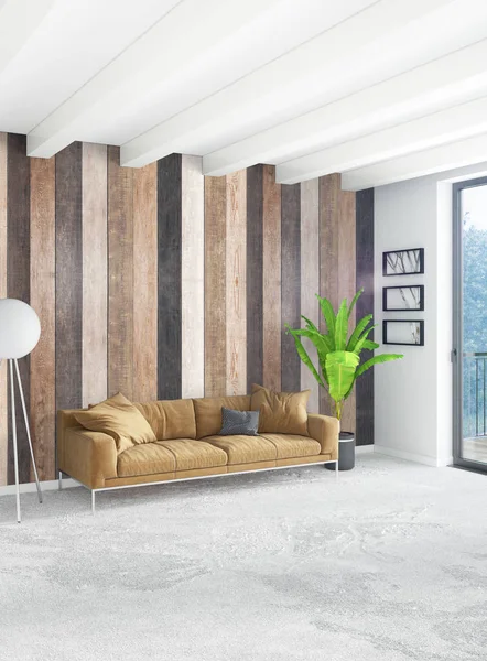 Beyaz yatak odası en az stil iç tasarım ahşap duvar ve gri Kanepeli. 3D render. 3D çizim