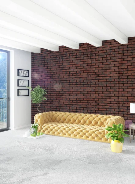 Beyaz yatak odası en az stil iç tasarım ahşap duvar ve gri Kanepeli. 3D render. 3D çizim