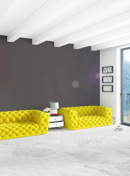 Beyaz yatak odası en az stil iç tasarım ahşap duvar ve gri Kanepeli. 3D render. 3D çizim