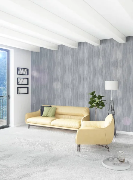 Beyaz yatak odası en az stil iç tasarım ahşap duvar ve gri Kanepeli. 3D render. 3D çizim