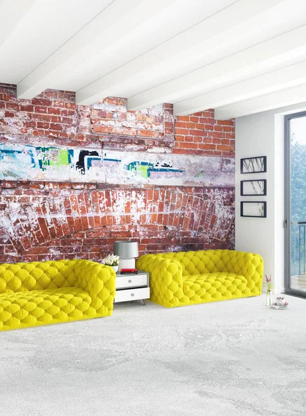 Beyaz yatak odası en az stil iç tasarım ahşap duvar ve gri Kanepeli. 3D render. 3D çizim