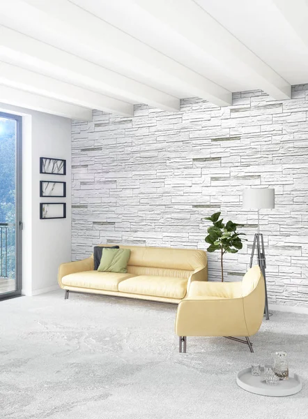 Beyaz yatak odası en az stil iç tasarım ahşap duvar ve gri Kanepeli. 3D render. 3D çizim