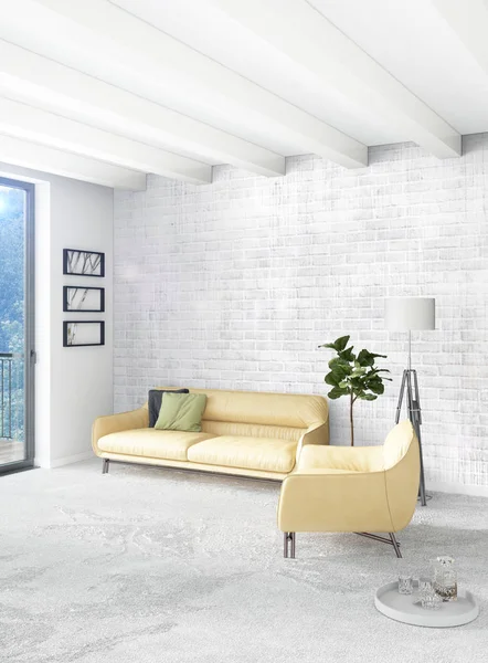 Beyaz yatak odası en az stil iç tasarım ahşap duvar ve gri Kanepeli. 3D render. 3D çizim