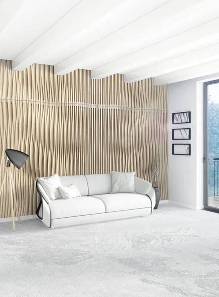 Beyaz yatak odası en az stil iç tasarım ahşap duvar ve gri Kanepeli. 3D render. 3D çizim