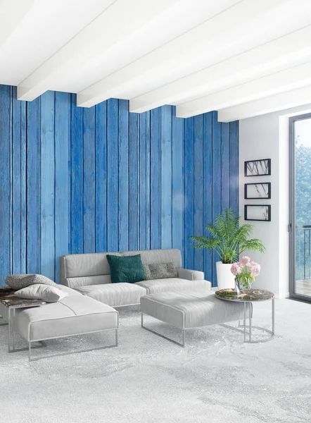 Beyaz yatak odası en az stil iç tasarım ahşap duvar ve gri Kanepeli. 3D render. 3D çizim