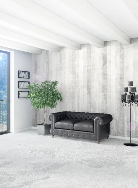 Beyaz yatak odası en az stil iç tasarım ahşap duvar ve gri Kanepeli. 3D render. 3D çizim