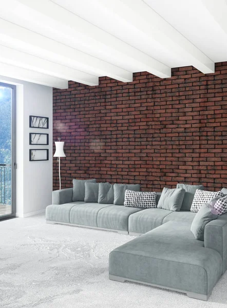 Beyaz yatak odası en az stil iç tasarım ahşap duvar ve gri Kanepeli. 3D render. 3D çizim