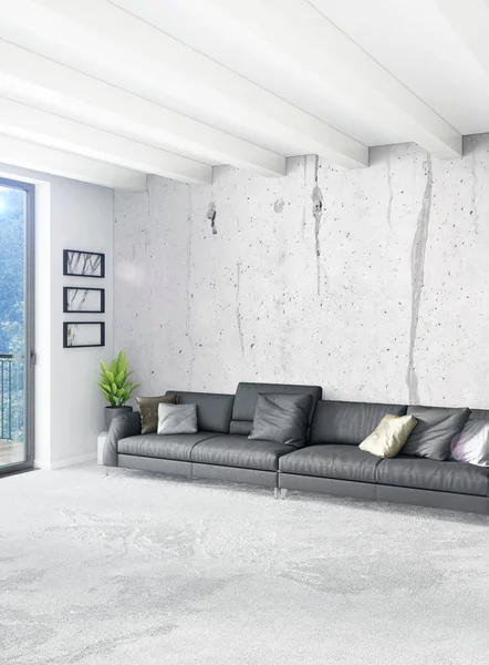 Beyaz yatak odası en az stil iç tasarım ahşap duvar ve gri Kanepeli. 3D render. 3D çizim