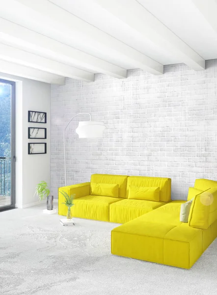 Beyaz yatak odası en az stil iç tasarım ahşap duvar ve gri Kanepeli. 3D render. 3D çizim