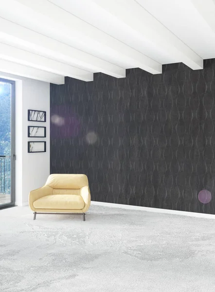 Beyaz yatak odası en az stil iç tasarım ahşap duvar ve gri Kanepeli. 3D render. 3D çizim