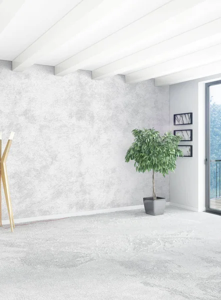 Beyaz yatak odası en az stil iç tasarım ahşap duvar ve gri Kanepeli. 3D render. 3D çizim