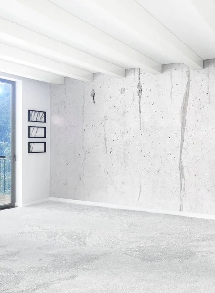 Beyaz yatak odası en az stil iç tasarım ahşap duvar ve gri Kanepeli. 3D render. 3D çizim