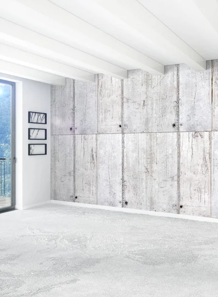 Beyaz yatak odası en az stil iç tasarım ahşap duvar ve gri Kanepeli. 3D render. 3D çizim