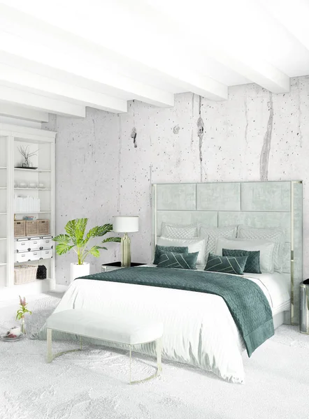 Στυλ minimal λευκό υπνοδωμάτιο εσωτερικό σχεδιασμό με ξύλινα τοίχων και γκρι καναπέ. 3D rendering. — Φωτογραφία Αρχείου
