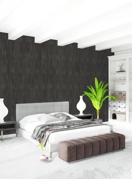 Beyaz yatak odası en az stil iç tasarım ahşap duvar ve gri Kanepeli. 3D render.