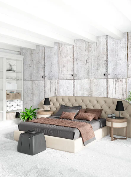 Beyaz yatak odası en az stil iç tasarım ahşap duvar ve gri Kanepeli. 3D render.