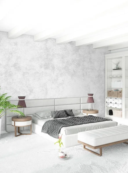 Beyaz yatak odası en az stil iç tasarım ahşap duvar ve gri Kanepeli. 3D render. — Stok fotoğraf