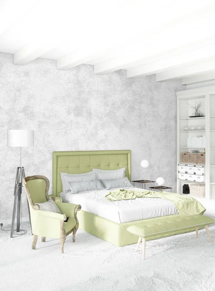 Beyaz yatak odası en az stil iç tasarım ahşap duvar ve gri Kanepeli. 3D render.