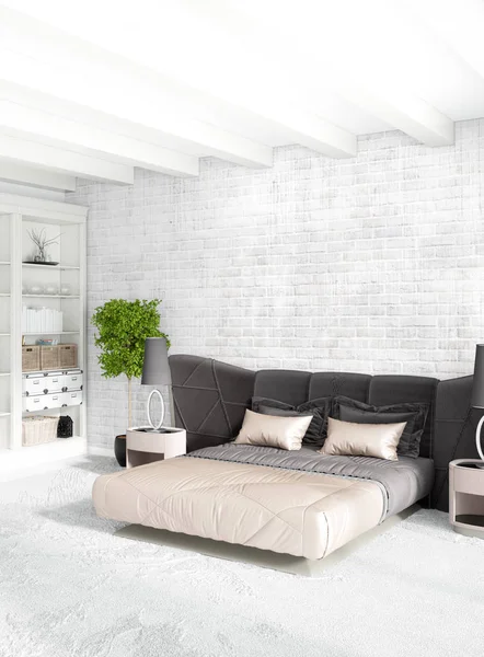 White bedroom minimal style Interior design with wood wall and grey sofa. 3D Rendering. — Stock Photo, Image