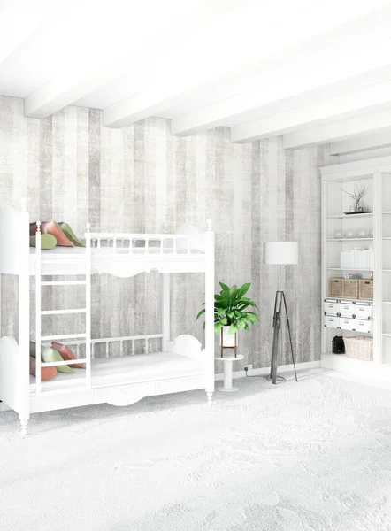 Beyaz yatak odası en az stil iç tasarım ahşap duvar ve gri Kanepeli. 3D render.