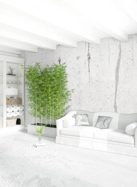 Beyaz yatak odası en az stil iç tasarım ahşap duvar ve gri Kanepeli. 3D render.