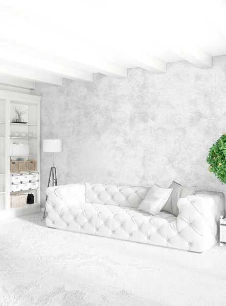 Beyaz yatak odası en az stil iç tasarım ahşap duvar ve gri Kanepeli. 3D render.