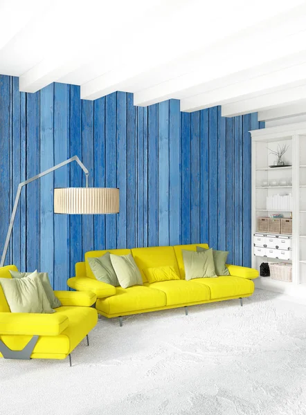 Modern yatak odası sarı kanepe lüks en az tarzı iç çatı tasarımı ile eklektik duvar. 3D render.