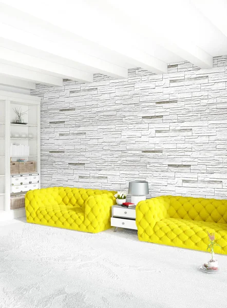 Sofá moderno dormitorio amarillo de lujo de estilo minimalista Diseño de loft interior con pared ecléctica. Renderizado 3D . —  Fotos de Stock