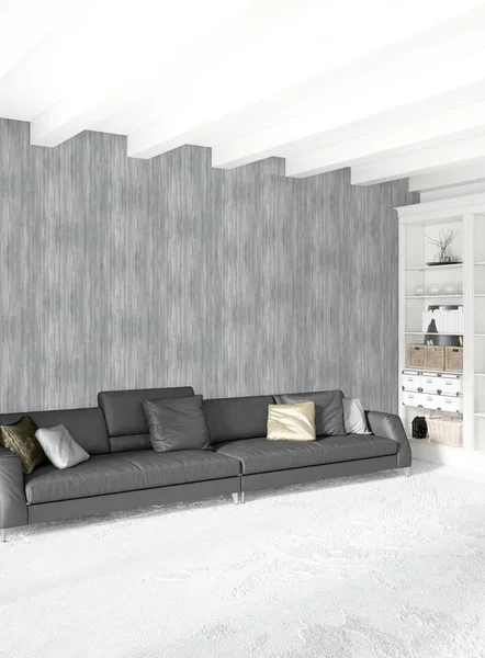 Beyaz yatak odası en az stil iç tasarım ahşap duvar ve gri Kanepeli. 3D render.