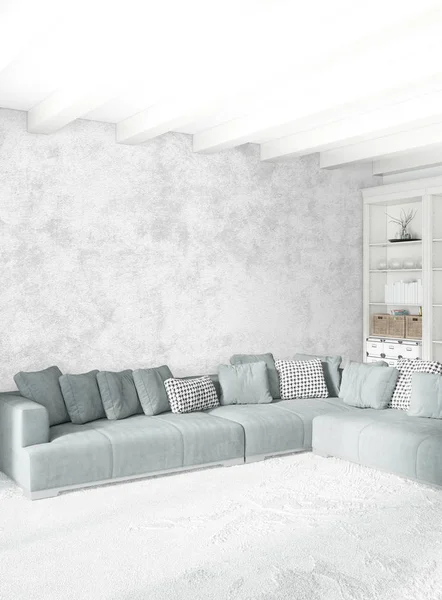 Beyaz yatak odası en az stil iç tasarım ahşap duvar ve gri Kanepeli. 3D render.