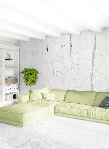 Beyaz yatak odası en az stil iç tasarım ahşap duvar ve gri Kanepeli. 3D render.