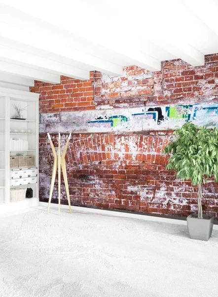 Beyaz yatak odası en az stil iç tasarım ahşap duvar ve gri Kanepeli. 3D render.