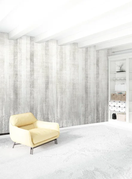 Beyaz yatak odası en az stil iç tasarım ahşap duvar ve gri Kanepeli. 3D render.