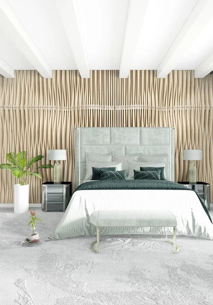 Beyaz yatak odası en az stil iç tasarım ahşap duvar ve gri Kanepeli. 3D render.