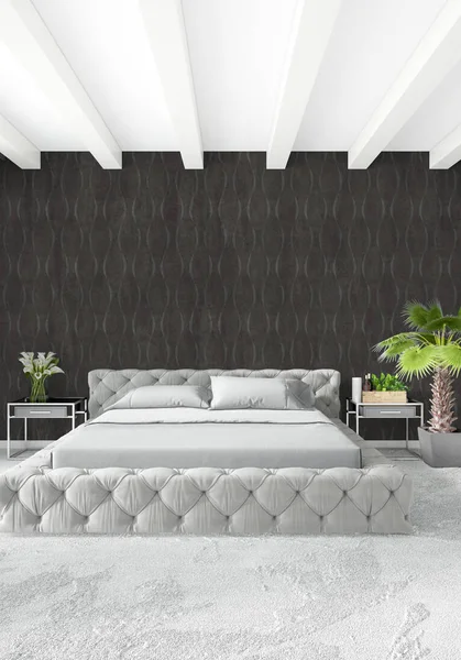 Beyaz yatak odası en az stil iç tasarım ahşap duvar ve gri Kanepeli. 3D render.