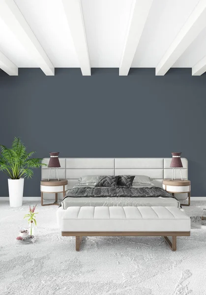 Beyaz yatak odası en az stil iç tasarım ahşap duvar ve gri Kanepeli. 3D render.