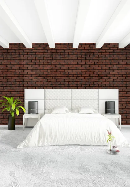 White bedroom minimal style Interior design with wood wall and grey sofa. 3D Rendering. — Stock Photo, Image