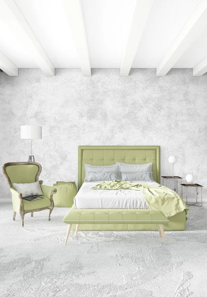 Beyaz yatak odası en az stil iç tasarım ahşap duvar ve gri Kanepeli. 3D render.