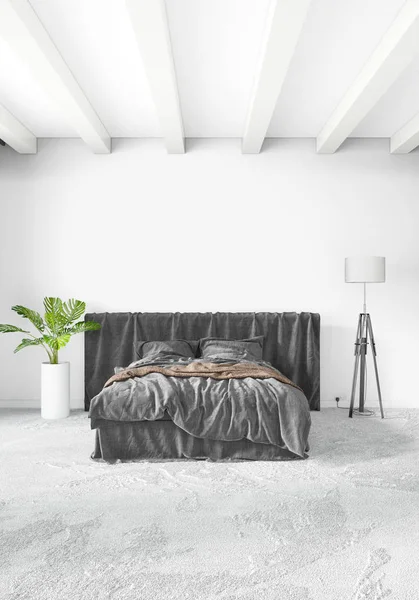 Beyaz yatak odası en az stil iç tasarım ahşap duvar ve gri Kanepeli. 3D render.