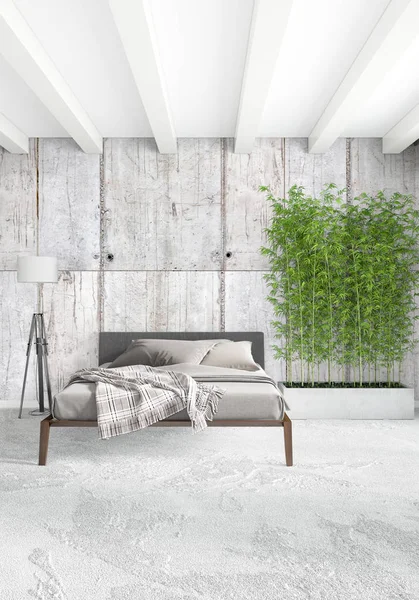 Beyaz yatak odası en az stil iç tasarım ahşap duvar ve gri Kanepeli. 3D render.