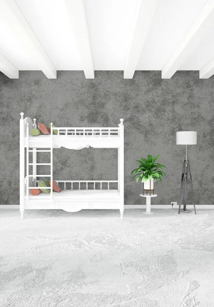 Beyaz yatak odası en az stil iç tasarım ahşap duvar ve gri Kanepeli. 3D render.