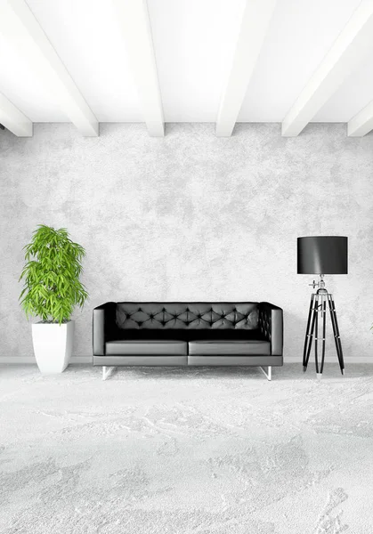 Beyaz yatak odası en az stil iç tasarım ahşap duvar ve gri Kanepeli. 3D render.