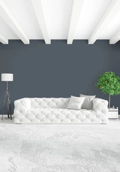 Beyaz yatak odası en az stil iç tasarım ahşap duvar ve gri Kanepeli. 3D render.