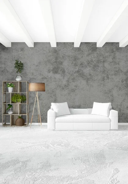 Beyaz yatak odası en az stil iç tasarım ahşap duvar ve gri Kanepeli. 3D render.