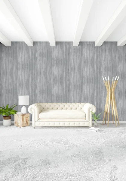 Beyaz yatak odası en az stil iç tasarım ahşap duvar ve gri Kanepeli. 3D render.