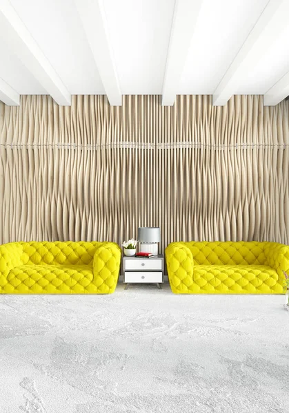 Современный желтый диван класса люкс в минимальном стиле Interior лофт дизайн с эклектичной стеной. 3D рендеринг . — стоковое фото