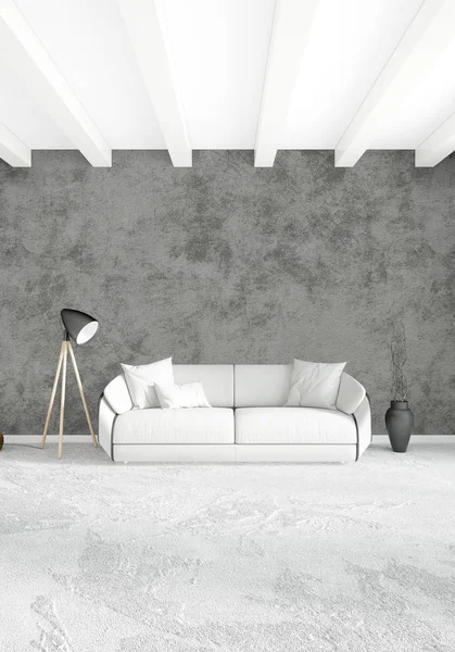 Beyaz yatak odası en az stil iç tasarım ahşap duvar ve gri Kanepeli. 3D render.