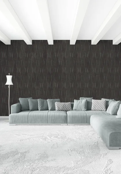 Beyaz yatak odası en az stil iç tasarım ahşap duvar ve gri Kanepeli. 3D render.